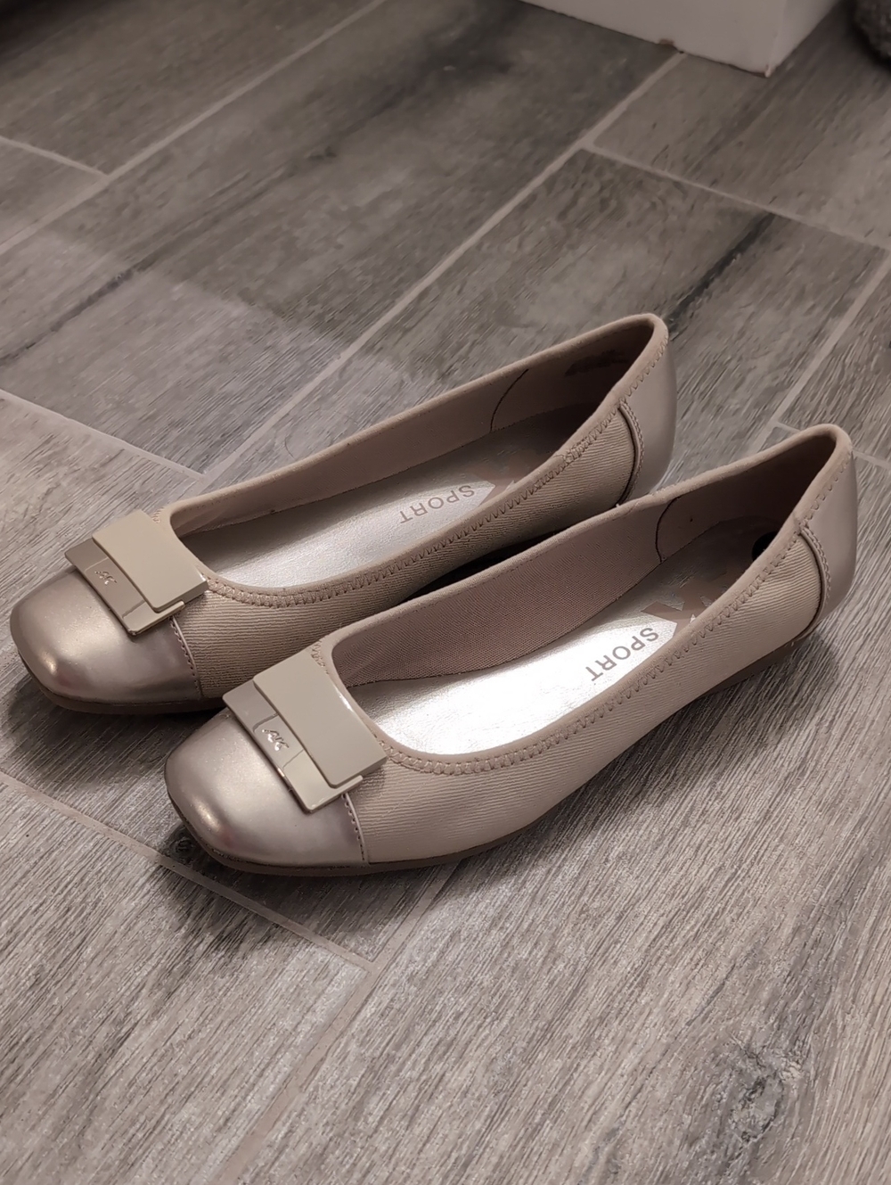 Anne Klein Women's Taupe Ballet Flats with Metallic Cap Toe